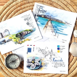 Set di 3 cartoline ad acquerello / Bretagna / Costa Smeralda / Saint-Malo / Cancale / Cap Frehel