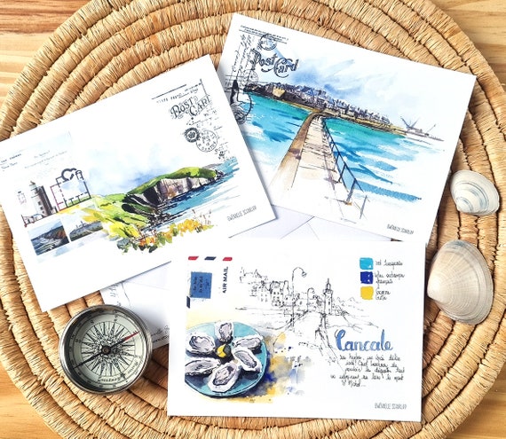 Set of 3 watercolor postcards / Brittany / Emerald Coast / Saint-Malo /  Cancale / Cap Frehel