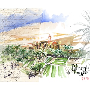 Riproduzione Diario di viaggio // Acquerello // Marocco // Palmeraie // Tineghir