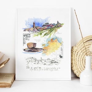Reprodução em aquarela // França // Bretanha // Costa de granito rosa // Ploumanac'h // Tregastel