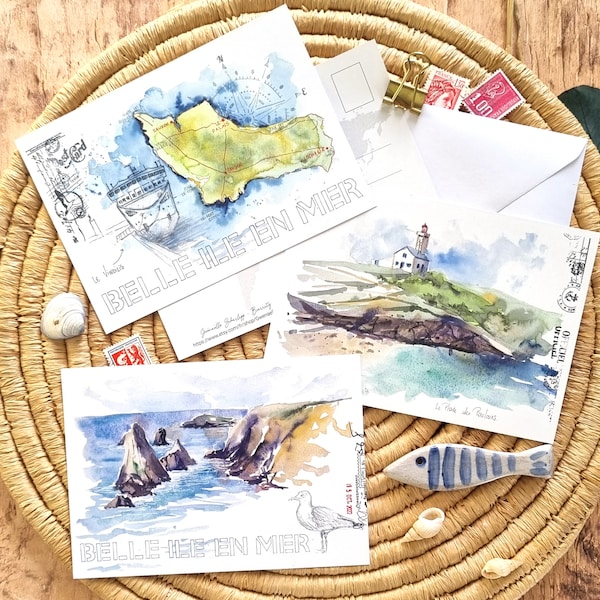 Lot de 3 cartes postales aquarelle / Bretagne / Morbihan / Belle-Ile-en-mer