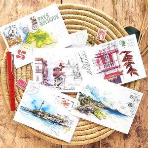 Set van 5 aquarel ansichtkaarten / Baskenland / St jean de luz / espelette / biarritz