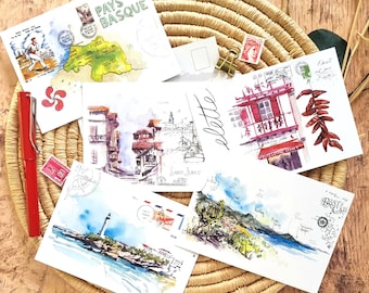 Set mit 5 Aquarellpostkarten / Baskenland / St jean de luz / espelette / biarritz