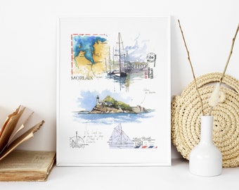 Reproduction Carnet de voyage // Aquarelle // France // Bretagne // Baie de Morlaix // Ile Louet