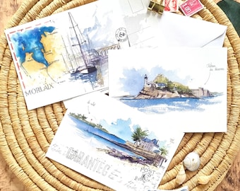 Set of 3 watercolor postcards / Brittany / Finistere / Bay of Morlaix