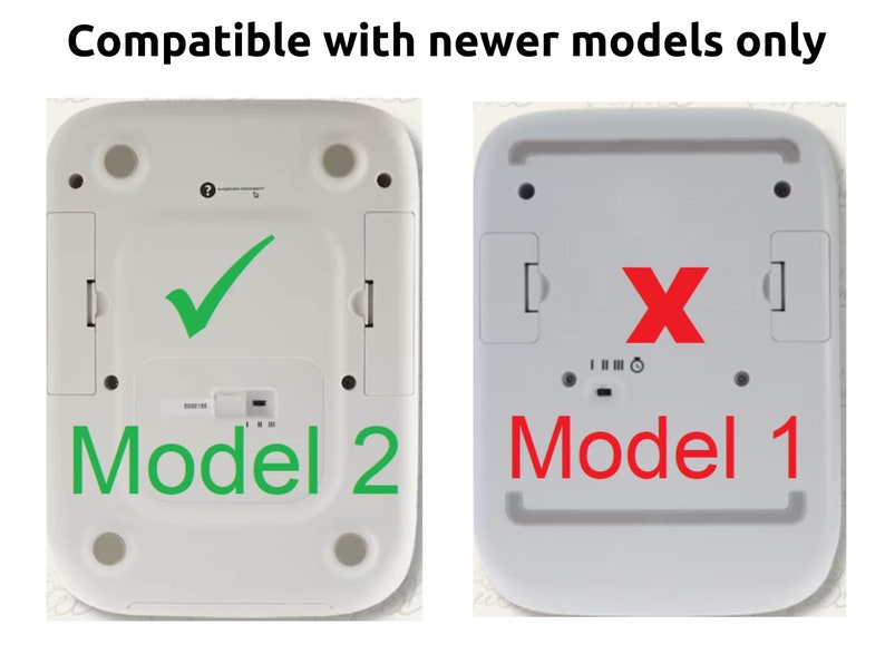 Puede incluir: Una b&aacute;scula digital blanca con una marca de verificaci&oacute;n en la parte inferior, etiquetada como "Modelo 2". Una segunda b&aacute;scula digital blanca con una X en la parte inferior, etiquetada como "Modelo 1". El texto "Compatible con modelos m&aacute;s nuevos solamente" est&aacute; en la parte superior de la imagen.