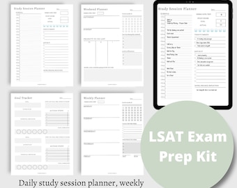 May include: A printable LSAT Exam Prep Kit with a weekly planner, daily study session planner, and goal tracker. The kit includes a checklist for weekly goals, a to-do list, and a section for notes, feedback, and reflection.