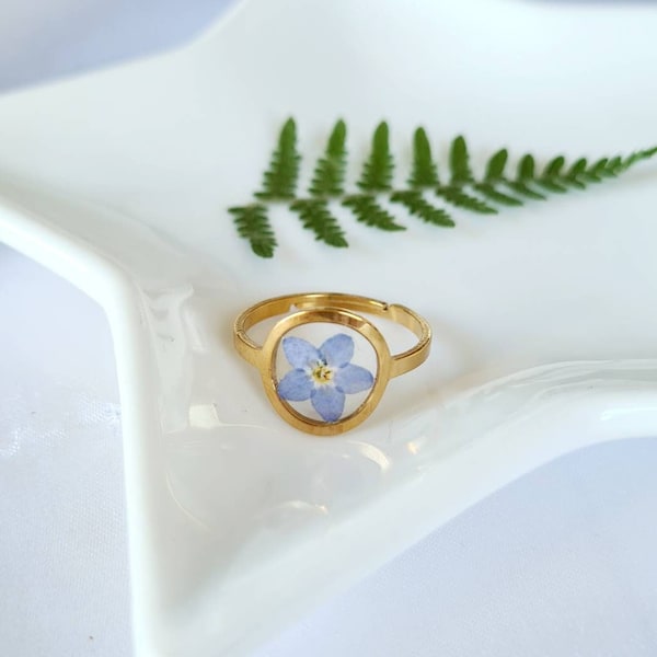 Adjustable ring in stainless steel Resin and dried flowers of real forget-me-nots Gift idea Handmade Forget me not