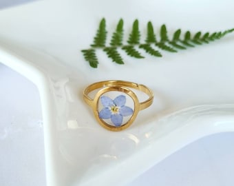 Bague réglable en acier inoxydable Resine et fleurs séchée de Myosotis véritables Idée cadeau Fait main Forget me not