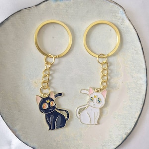 Sailor Moon Luna and Artemis Cat Enameled Steel Keyring Kawaii Manga Gift Idea