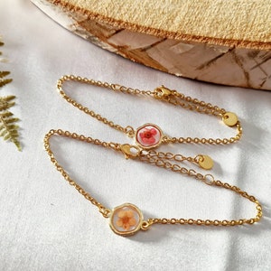 Adjustable gold bracelet for women, resin and dried flower, several colors to choose from