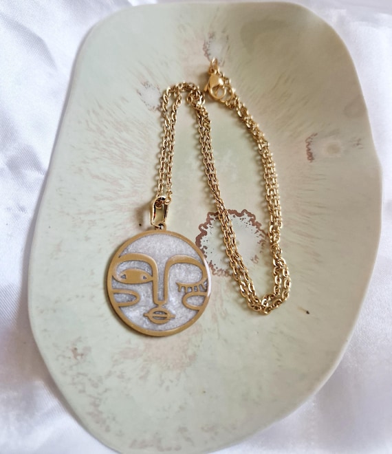 Abstract Face Necklace Unique Handmade Jewelry in Gold Metal and