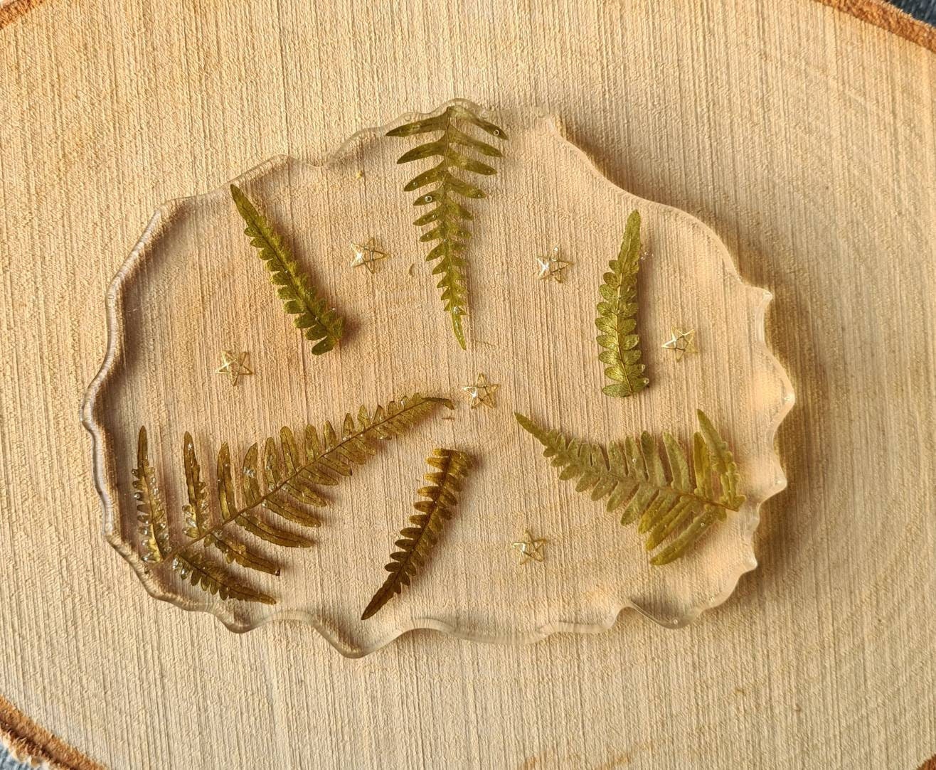 Décoration Végetale en Résine et Fleurs Séchées Brins de Fougères Étoiles Dorées Idée Cadeau Fait Ma