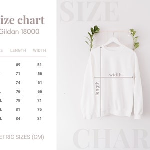 Puede incluir: Tabla de tallas para camisas Gildan 18000, que muestra las medidas en cent&iacute;metros para las tallas S a 4XL. La tabla enumera las medidas de longitud y ancho para cada talla.