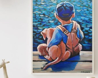 子犬を抱く少年の油絵 – 幼少期の友情、感動的な壁掛けアート (50 x 40