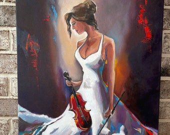 Original Oil Painting Girl With Violin On Canvas Fine Art Musician Wall Art Music Lover Young Lady Gift Vibrant Colors Art by Art4u2have