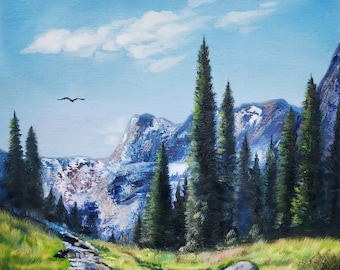 Original Oil Painting: Mountain Landscape, Pine Forest, Stream, 18x24"