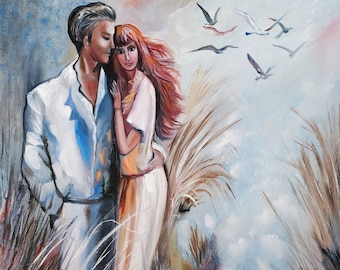 Romantic Couple Painting, Love Art Canvas, Dreamy Landscape with Birds, Original Oil Painting, Soft Pastel Wall Art, Gift for Anniversary