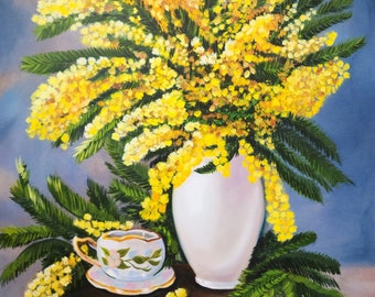 Pittura a olio originale Mimosa Arte floreale da parete Natura morta floreale Fiore primaverile in vaso Art Decor di Art4u2have