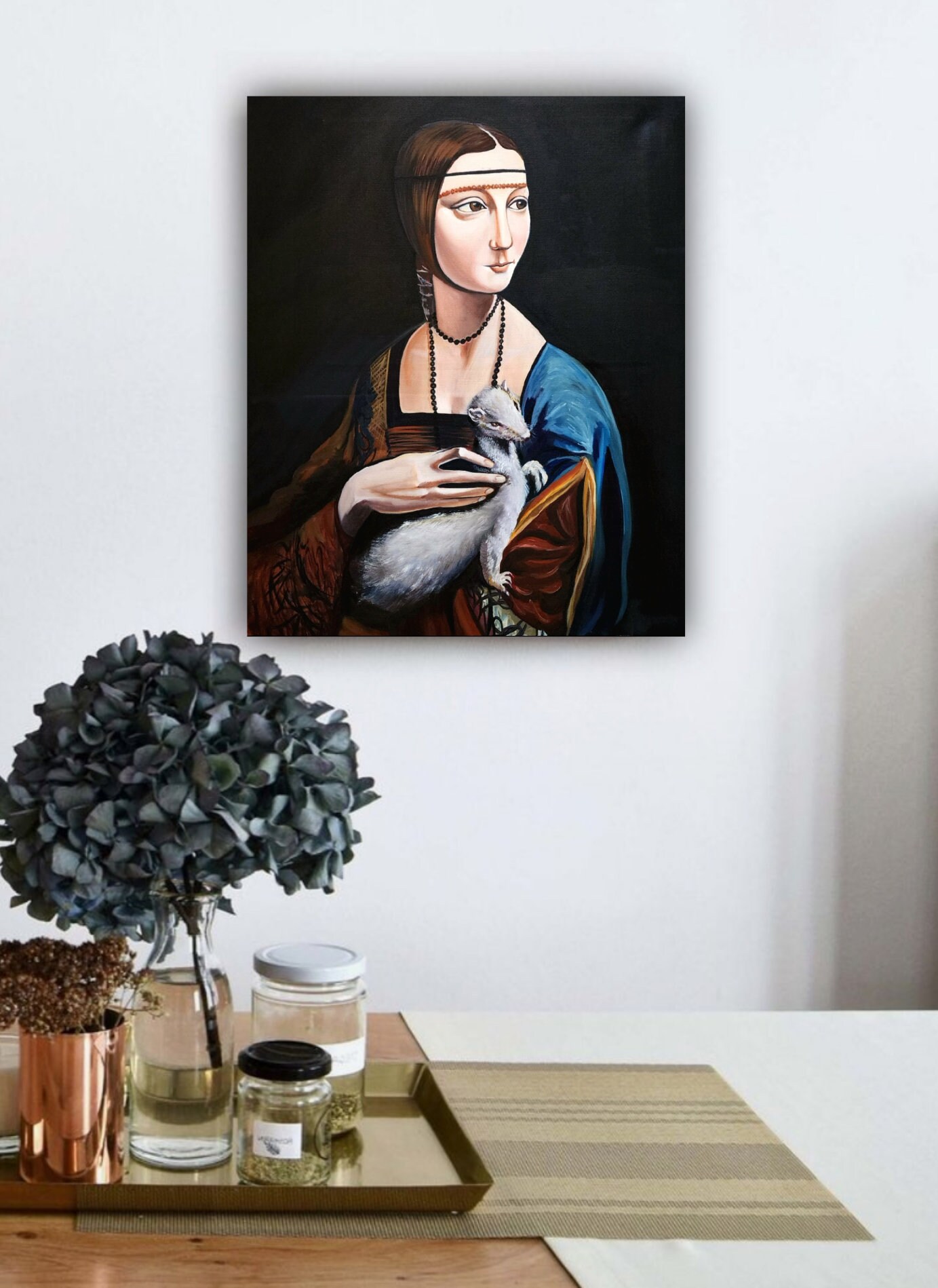毛皮を抱く貴婦人をモチーフにした油絵、ルネッサンス肖像画の再解釈
