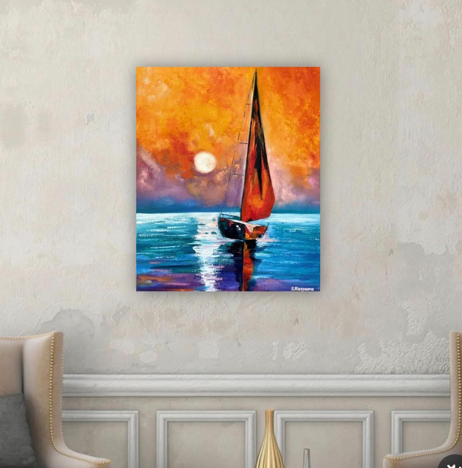 夕日の帆船の油絵、鮮やかな海の風景画、オレンジ色の空の海の