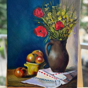 Original Still Life Oil Painting: Dry Flowers, Apples, Clay Jug - 12x16"
