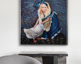 オリジナル油絵、ガチョウを抱く少女、幻想的な絵本風アート、おとぎ話