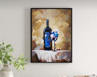 Blue Wine Bottle Painting, Abstract Still Life, Modern Kitchen Wall Art, Wine Lover Gift, Original Oil Painting 50x70 cm