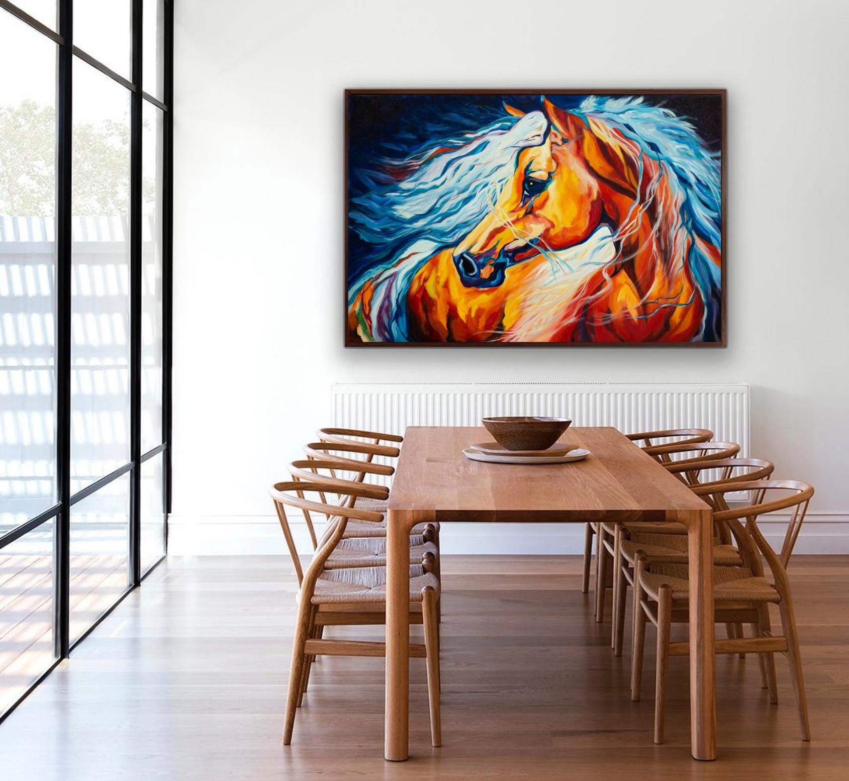 燃えるような馬の油絵 36x24インチ、大胆な表現主義の馬のアート