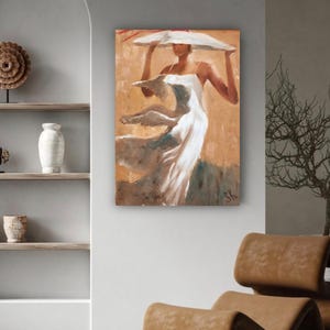 Figurative Oil Painting, Elegant Lady White Dress, Beige Wall Art, Andre Kohn Inspired Canvas