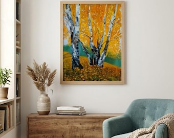 May include: A framed painting depicting a forest scene with white-barked trees and vibrant yellow autumn foliage. The artwork features a textured ground covered in fallen leaves, set against a deep green background, all encased in a light wood frame.