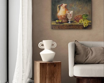 Still Life Oil Painting with Grapes and Jug, Rustic Kitchen Wall Art, Wine Glass Artwork, Classical Still Life, Original Oil Painting 12x16"