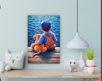 子犬を抱く少年の油絵 – 幼少期の友情、感動的な壁掛けアート (50 x 40