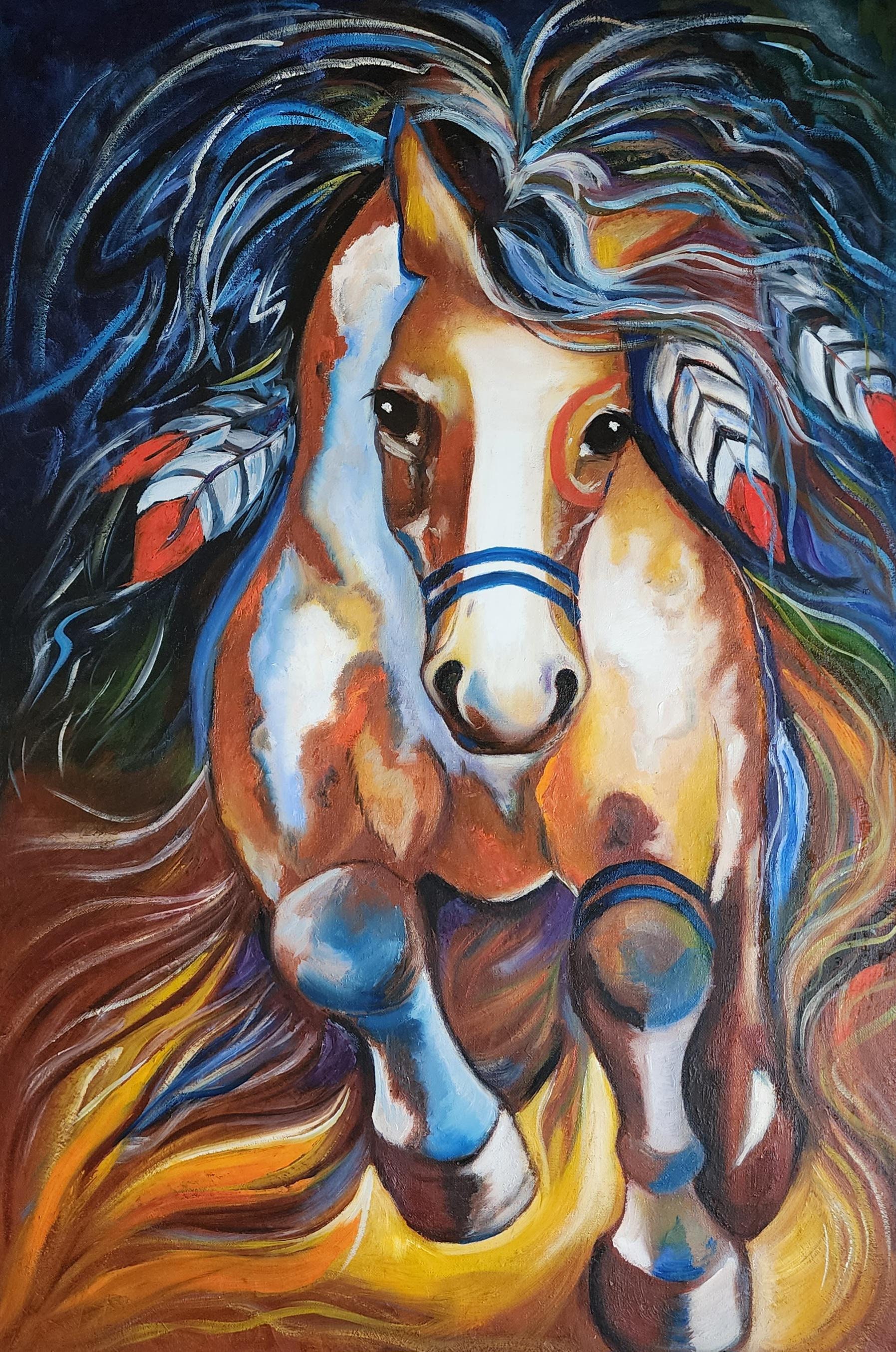 HORSE 油絵アート Original Expressive Horse Oil Painting 24x36, Modern Animal Wall