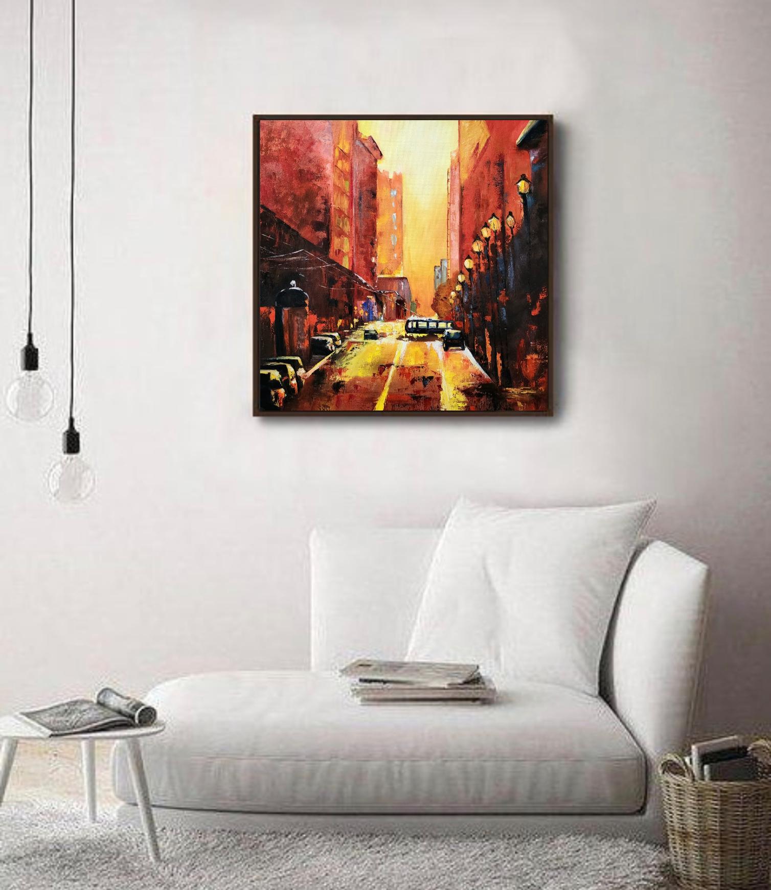 夕暮れの街並みを描いた油絵 20x20インチ 黄金の都市風景画 - Etsy 日本