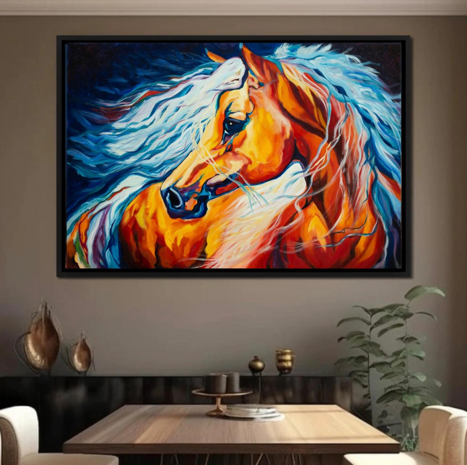 燃えるような馬の油絵 36x24インチ、大胆な表現主義の馬のアート