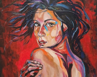 Bold Woman Portrait Oil Painting, Expressive Female Art, Red Background Wall Decor, Modern Figurative Painting, Statement Artwork