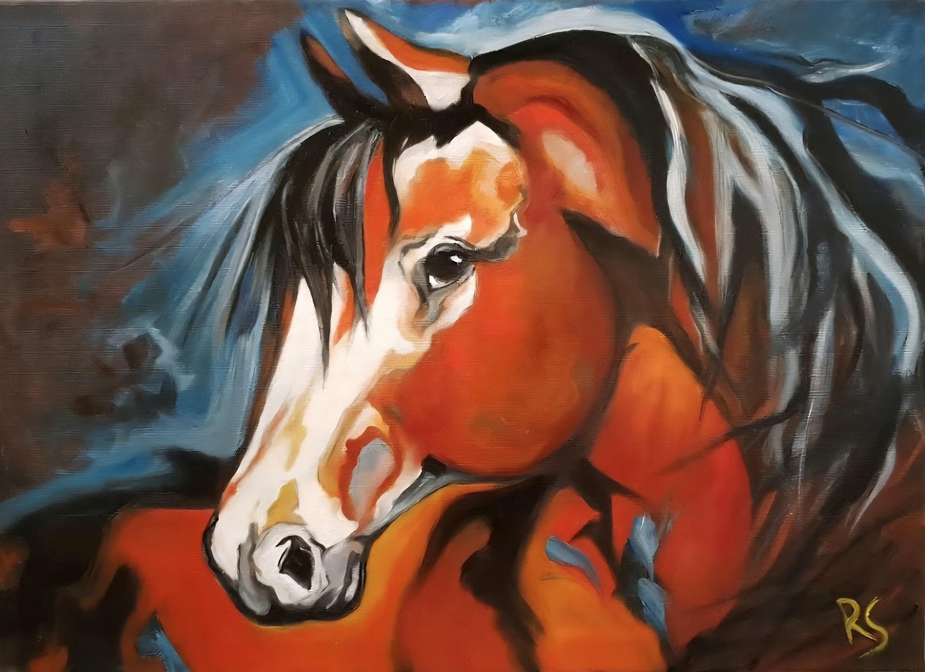 HORSE 油絵アート Expressive Horse Painting Original Art 50x70 Cm | Modern Animal