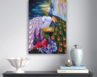 Original Peacock Couple Oil Painting, Romantic Bird Wall Art, Impressionist Canvas Decor