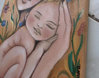 母と子の油絵、優しいマタニティアート、小さな子供部屋の壁飾り