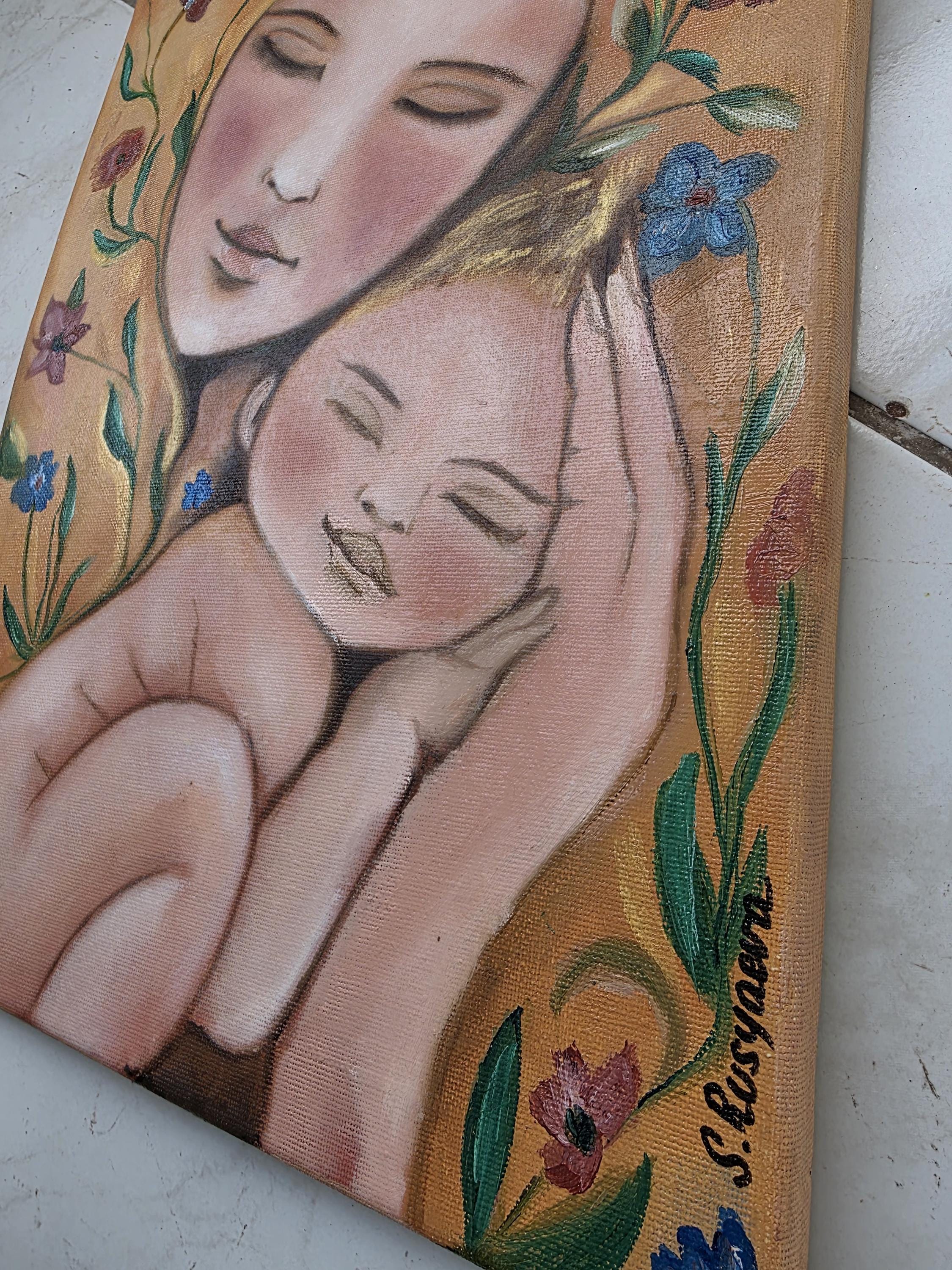 母と子の油絵、優しいマタニティアート、小さな子供部屋の壁飾り