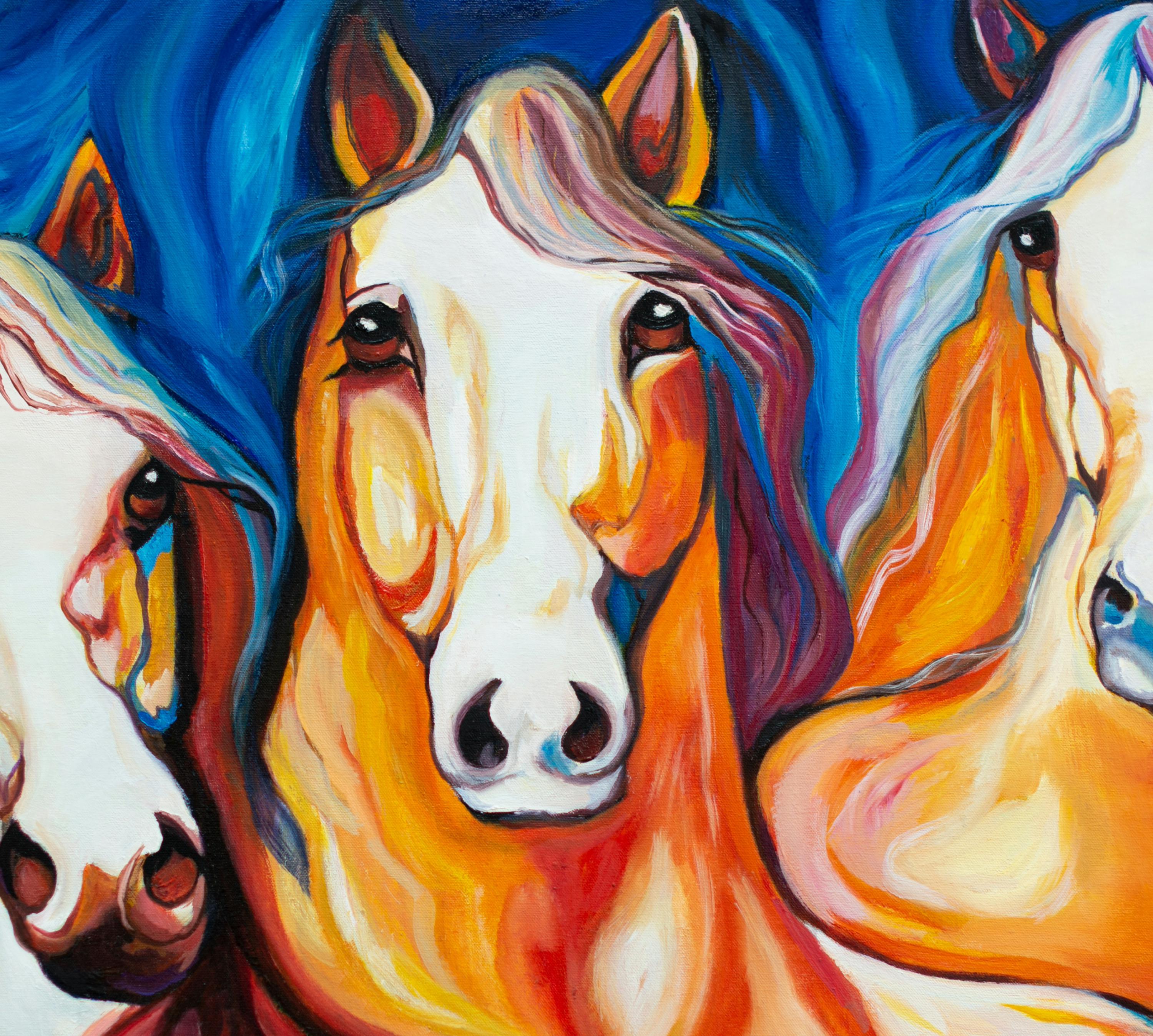 Abstract Horses Oil Painting, Vibrant Blue Orange Wall Art