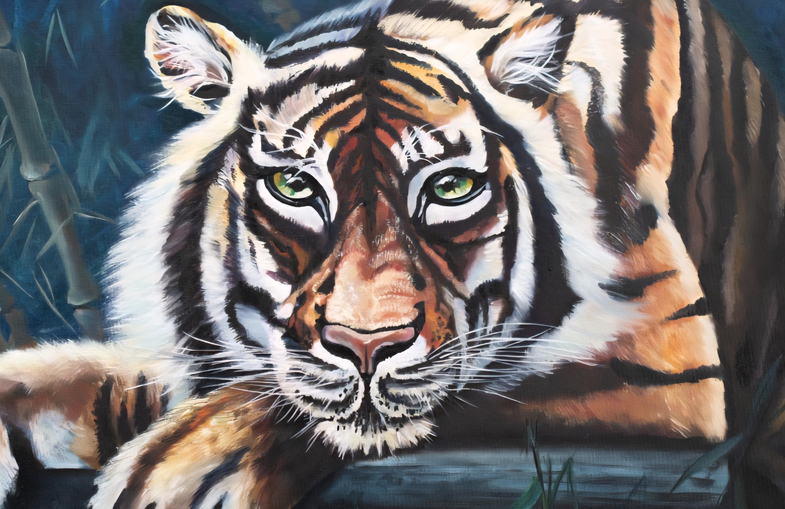 Realistic Tiger Oil Painting 36x24, Resting Cat in Jungle