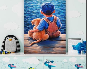 油絵　専用　きれいな鳥のお父さんと子ども 子犬を抱く少年の油絵 – 幼少期の友情、感動的な壁掛けアート (50 x 40