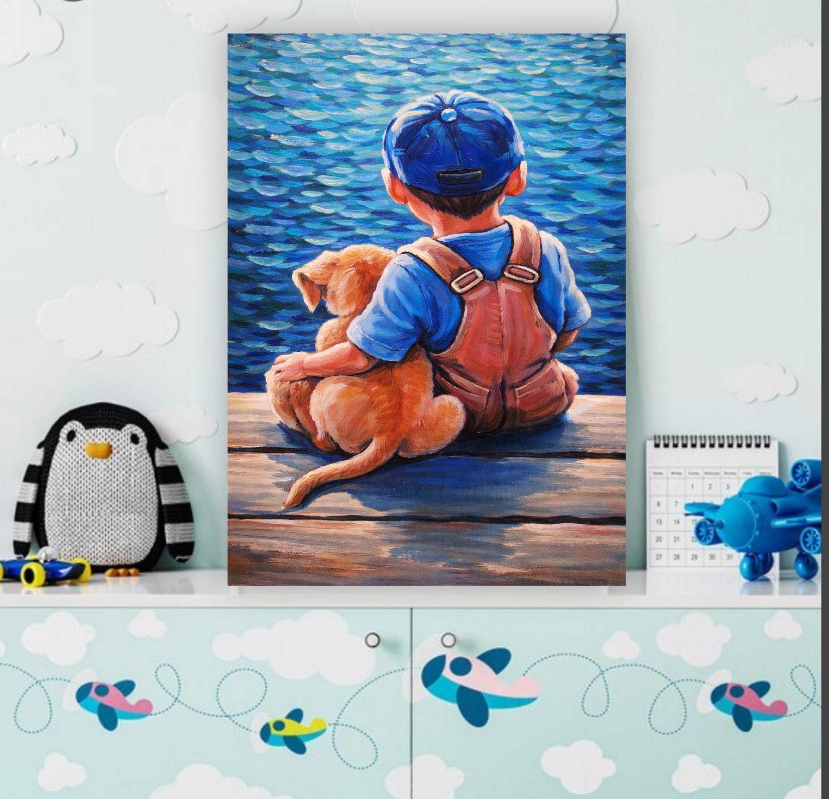 子犬を抱く少年の油絵 – 幼少期の友情、感動的な壁掛けアート (50 x 40