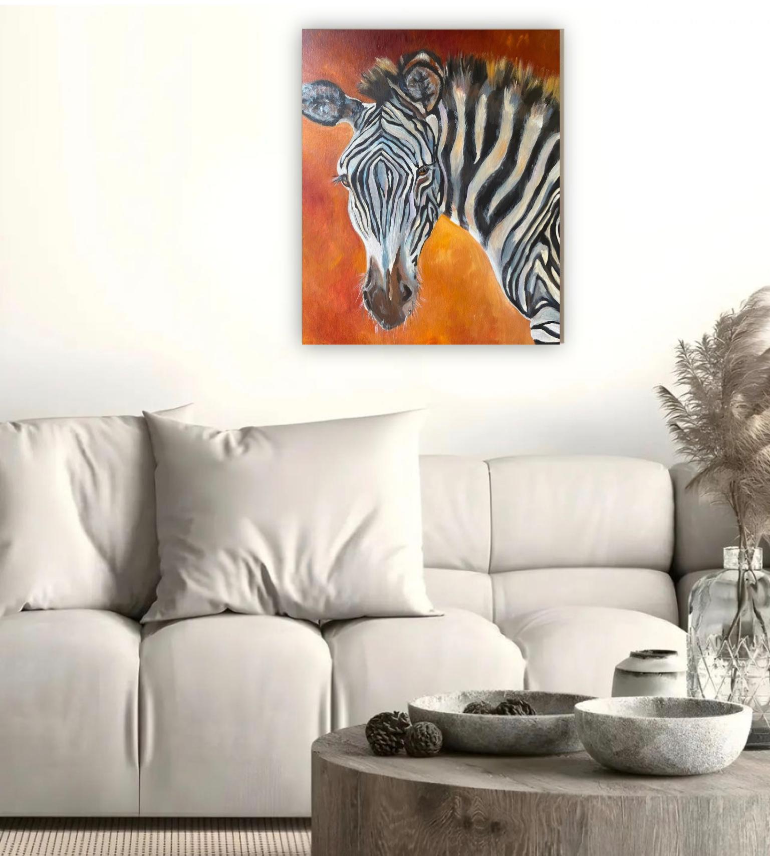 Original Zebra Face Oil Painting, Orange Background, Wildlife Art