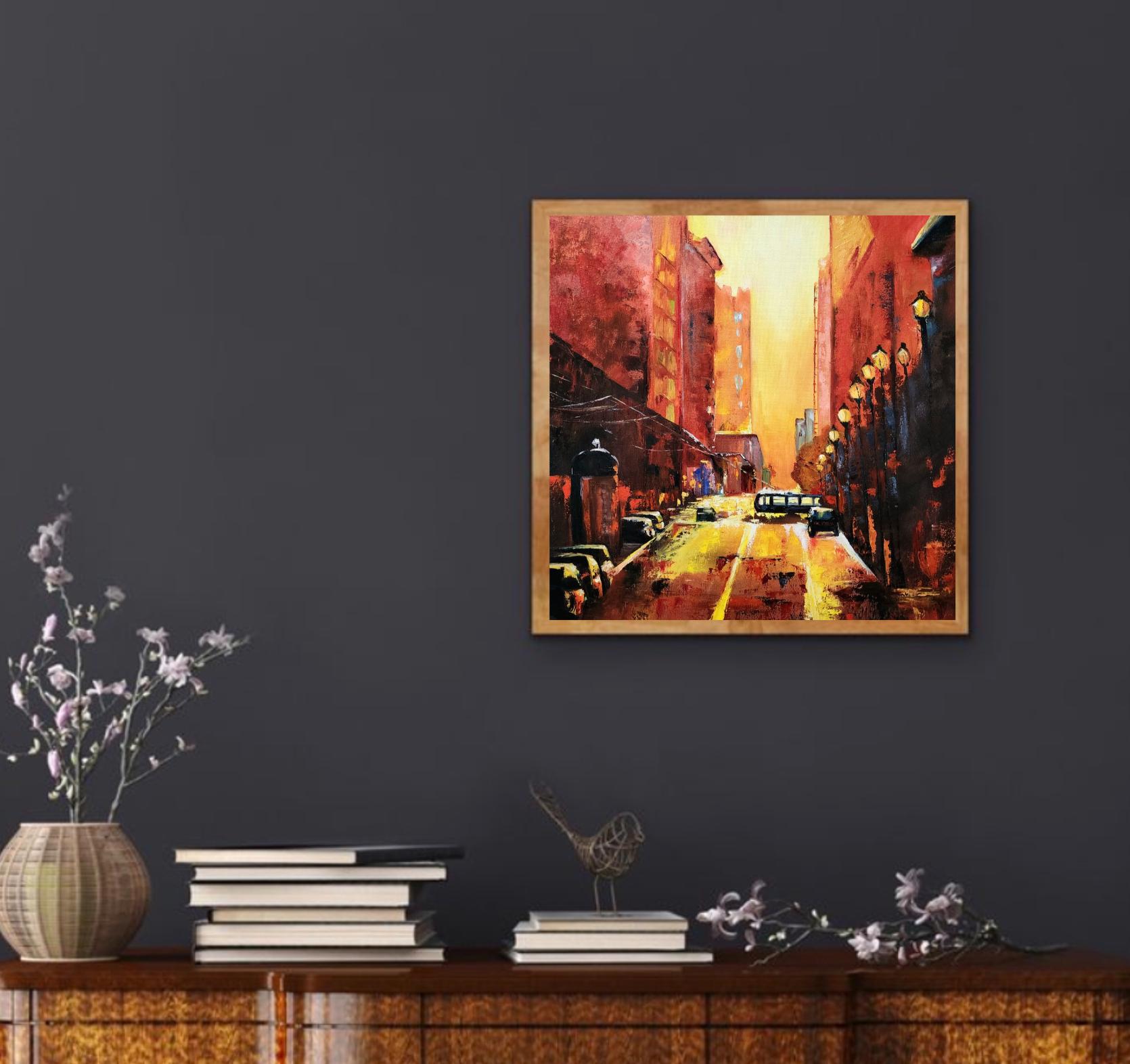 夕暮れの街並みを描いた油絵 20x20インチ 黄金の都市風景画 - Etsy 日本