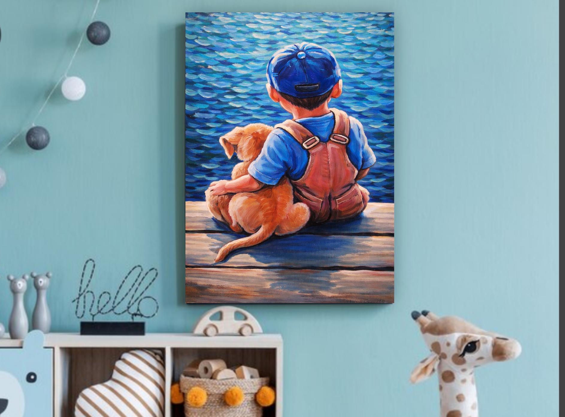 子犬を抱く少年の油絵 – 幼少期の友情、感動的な壁掛けアート (50 x 40