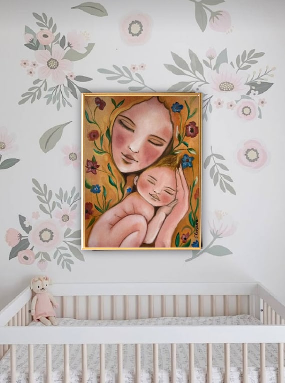 母と子の油絵、優しいマタニティアート、小さな子供部屋の壁飾り