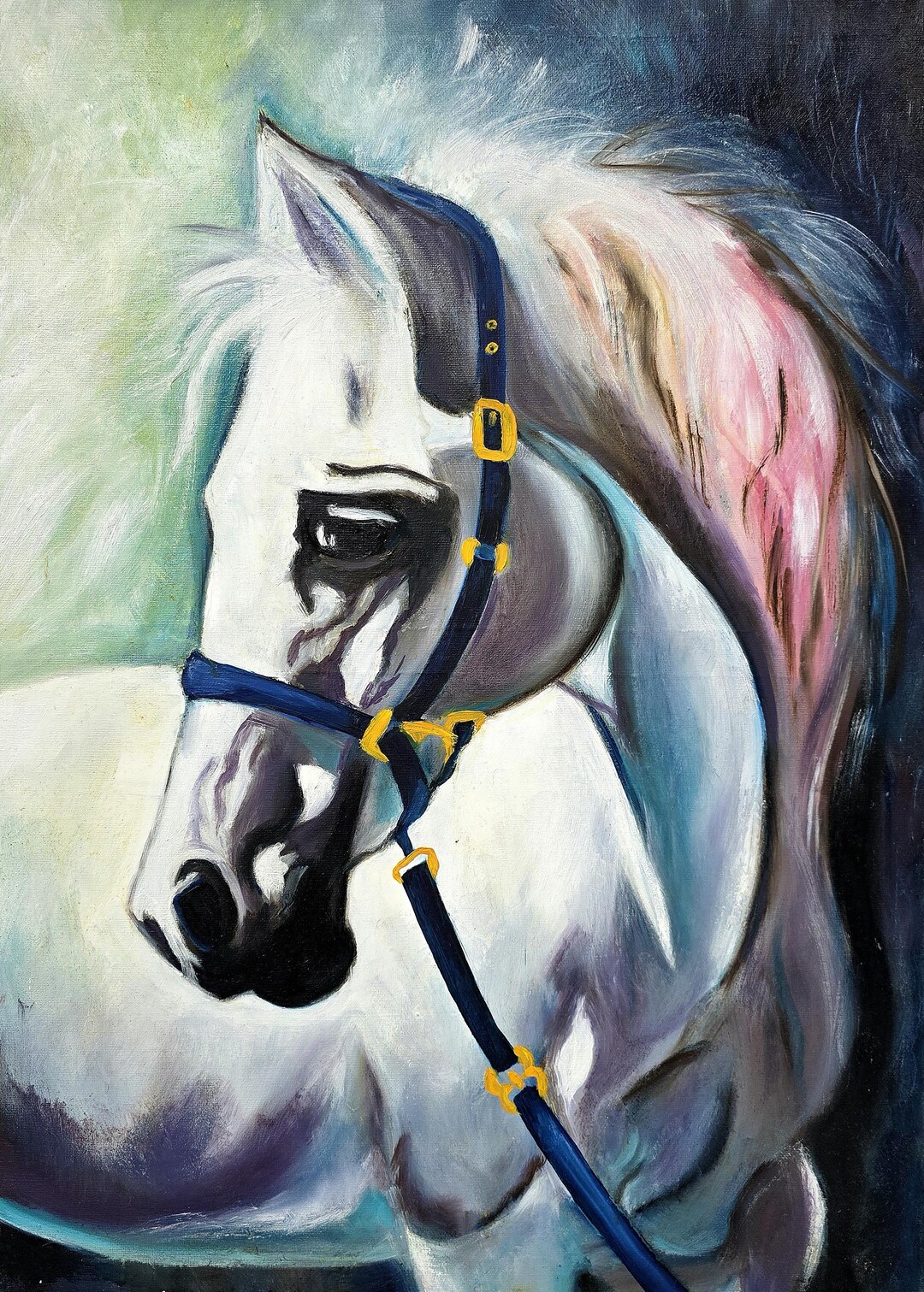 オリジナル油絵 白馬肖像画、表現力豊かな馬のアート、モダンな壁飾り